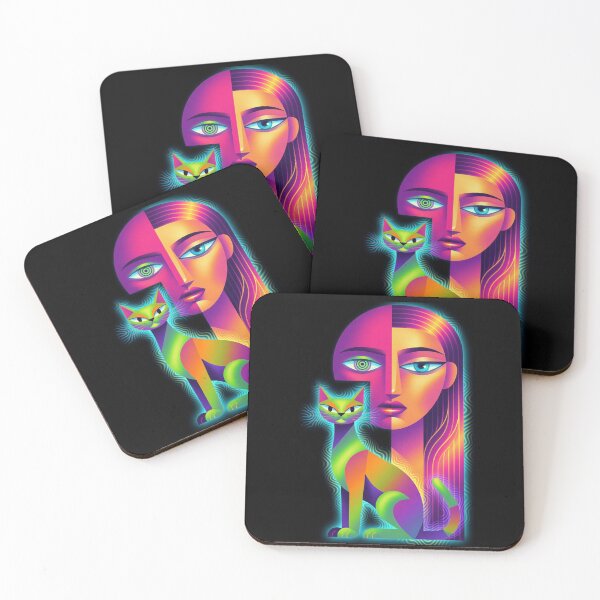 Item preview, Neon Psychedelic Cubist Cat Woman Portrait designed and sold by ZunZunArt.