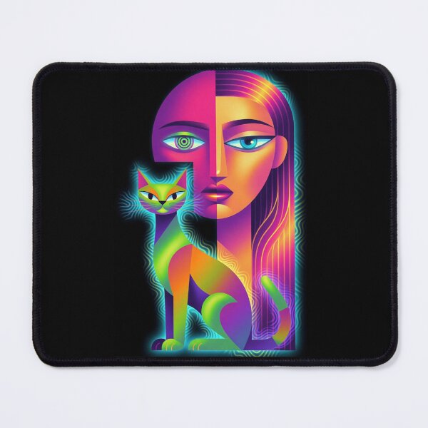 Item preview, Neon Psychedelic Cubist Cat Woman Portrait designed and sold by ZunZunArt.