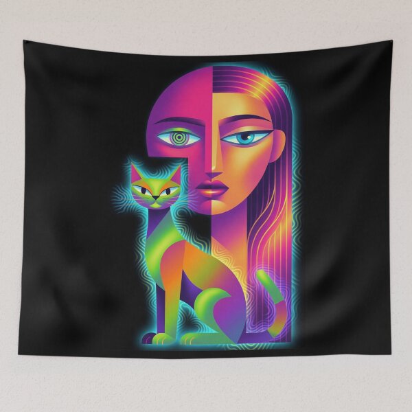 Item preview, Neon Psychedelic Cubist Cat Woman Portrait designed and sold by ZunZunArt.