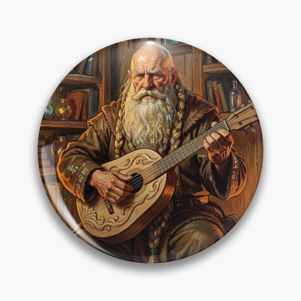 Item preview, Wise dwarven elder with a runic beard playing music in a magical library scene designed and sold by FotoworldEdel.