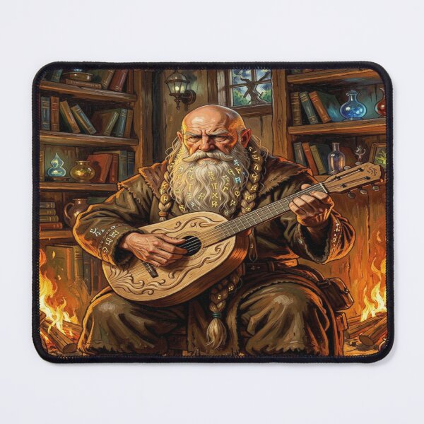 Item preview, Wise dwarven elder with a runic beard playing music in a magical library scene designed and sold by FotoworldEdel.