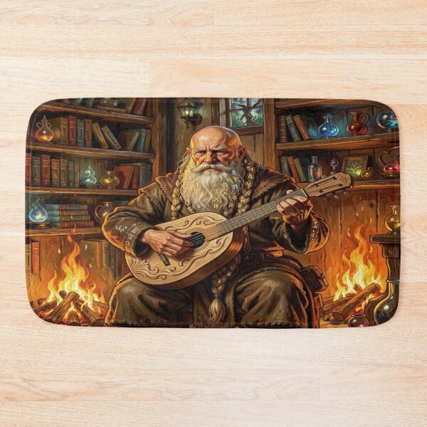 Item preview, Wise dwarven elder with a runic beard playing music in a magical library scene designed and sold by FotoworldEdel.