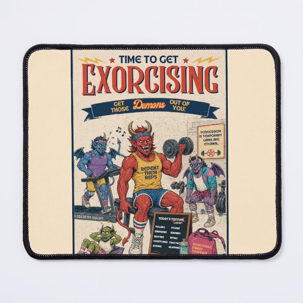 Item preview, Exorcising Demons Gym Poster – Vintage 80s Workout Parody designed and sold by Alt Christian.