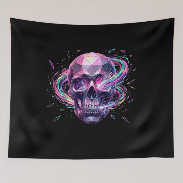 Item preview, Polygonal Neon Skull with Swirling Vaporwave Energy Trails and scattered Triangles designed and sold by Wild Hare.