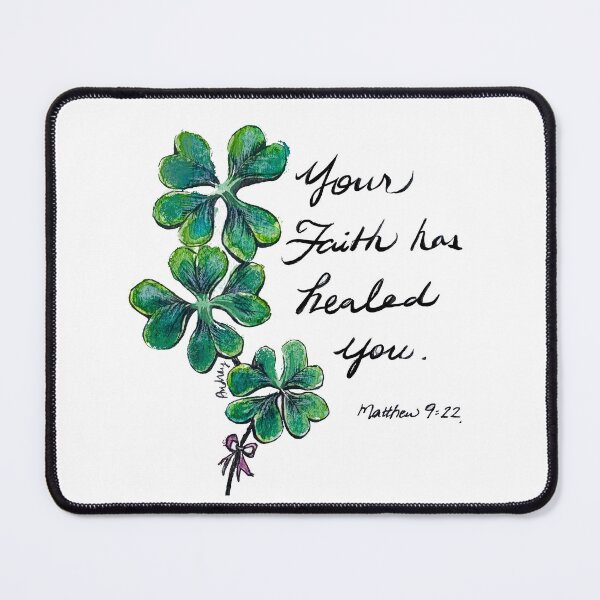 Item preview, Your Faith has Healed you. Bible Matthew 9:22 clover watercolour ink drawing designed and sold by Audrey Faith Art.