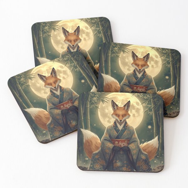 Item preview, Moonlit Kitsune Fox in Kimono – Japanese Spirit Forest Art designed and sold by kaxymax.