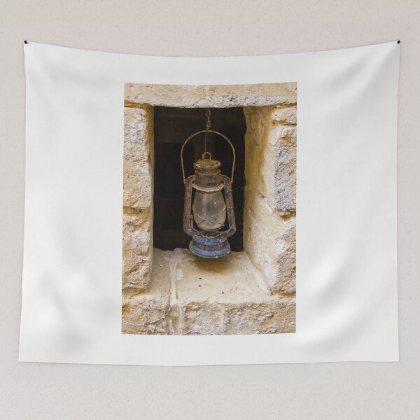 Item preview, Vintage Rusty Lantern Hanging in Stone Window Niche With Weathered Masonry and Cobwebs designed and sold by Nmallia.