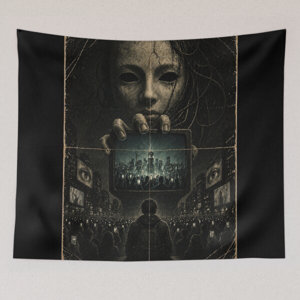Item preview, Vintage Screen Horror Poster, Crowd and Media Horror Art, Dark Technology Illustration designed and sold by DrizzyV.