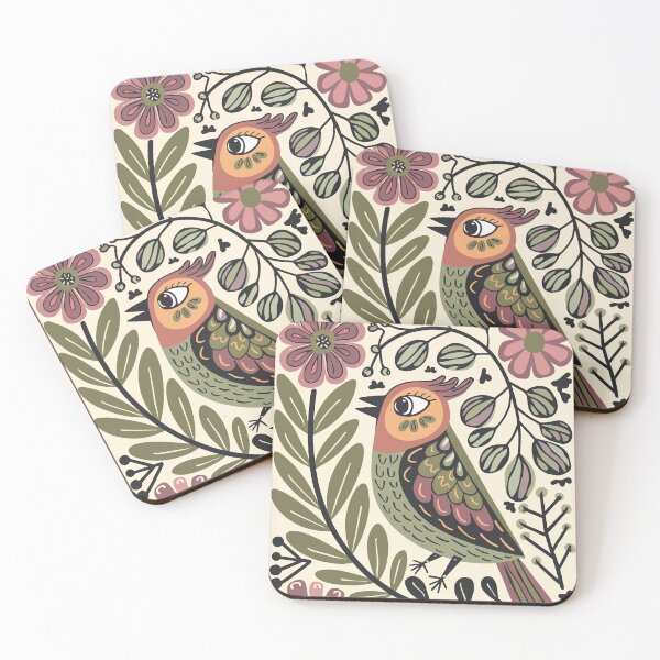 Item preview, Scandinavian Folk Bird Art Print | Botanical Bird on Warm Linen Background designed and sold by Filora Atelier | Bird Art.