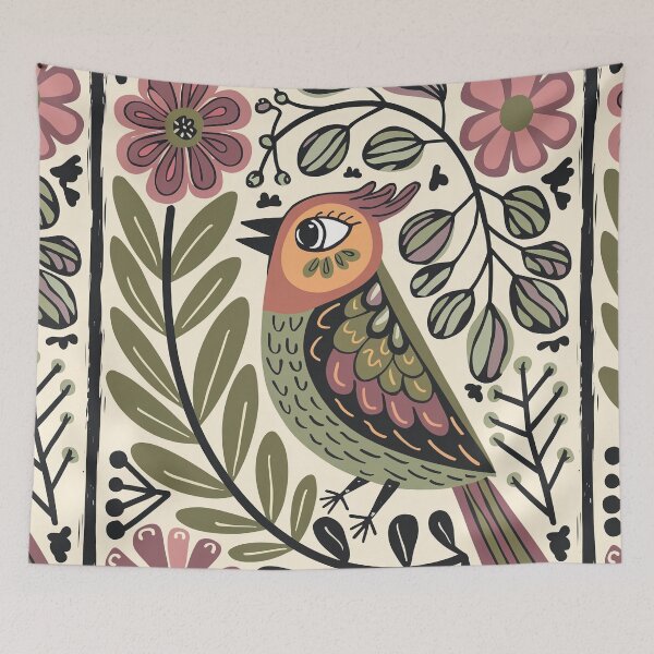 Item preview, Scandinavian Folk Bird Art Print | Botanical Bird on Warm Linen Background designed and sold by Filora Atelier | Bird Art.