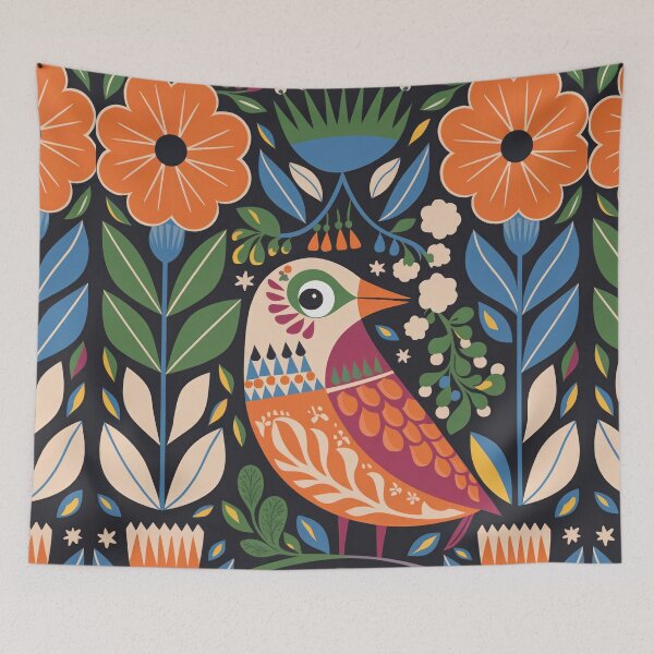 Item preview, Colorful Botanical Folk Bird Print | Scandinavian Floral Bird Wall Art designed and sold by Filora Atelier | Bird Art.