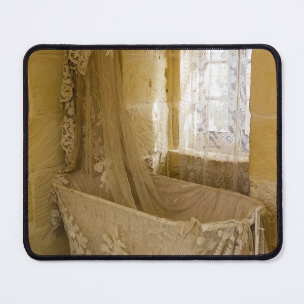 Item preview, Vintage Lace Cradle and Sheer Curtain in Sunlit Stone Room With Antique Nursery Ambience designed and sold by Nmallia.