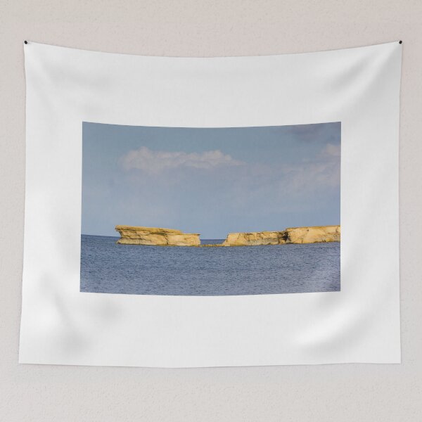 Item preview, Golden Sandstone Sea Stacks and Low Islets on Calm Blue Sea Beneath Soft Cloud Sky designed and sold by Nmallia.