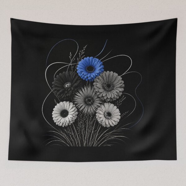Item preview, Margarita azul minimalista floral sobre negro designed and sold by ArtbyValks.