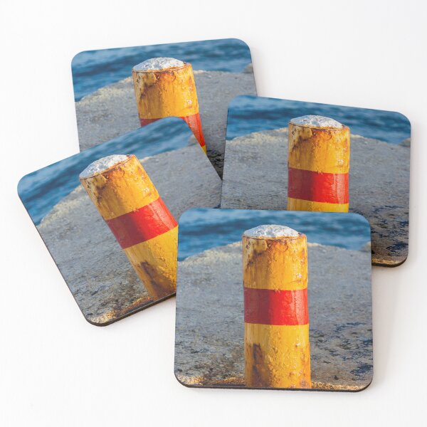 Item preview, Rusty Yellow and Red Bollard on Sunny Harbor Pier With Blue Sea and Weathered Texture designed and sold by Nmallia.