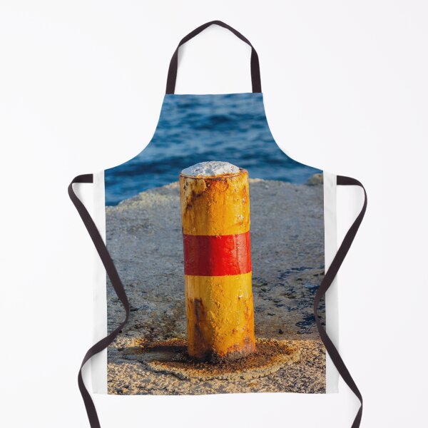 Item preview, Rusty Yellow and Red Bollard on Sunny Harbor Pier With Blue Sea and Weathered Texture designed and sold by Nmallia.