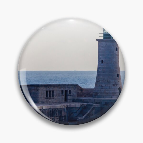 Item preview, Solitary Lighthouse on Stone Breakwater Overlooking Calm Blue Sea at Harbor Entrance With Distant Ship designed and sold by Nmallia.