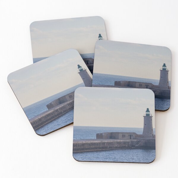 Item preview, Solitary Lighthouse on Stone Breakwater Overlooking Calm Blue Sea at Harbor Entrance With Distant Ship designed and sold by Nmallia.