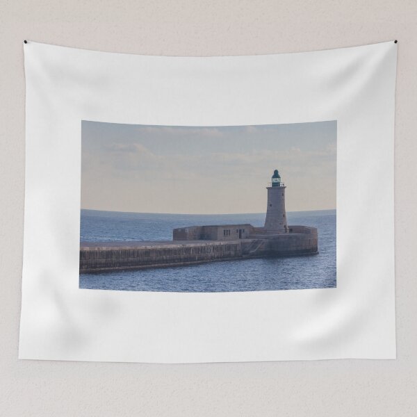 Item preview, Solitary Lighthouse on Stone Breakwater Overlooking Calm Blue Sea at Harbor Entrance With Distant Ship designed and sold by Nmallia.