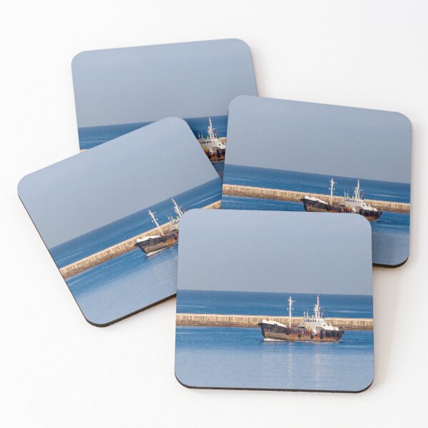 Item preview, Tugboat Departing Harbor Past Breakwater On Calm Blue Sea With Clear Sky Horizon designed and sold by Nmallia.