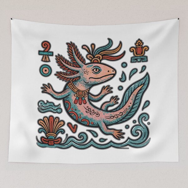 Item preview, Aztec axolotl Xolotl god engraved tribal pattern pink and blue mexican salamander eroded vintage style, white - HD ONLINE STORE designed and sold by bard-art.