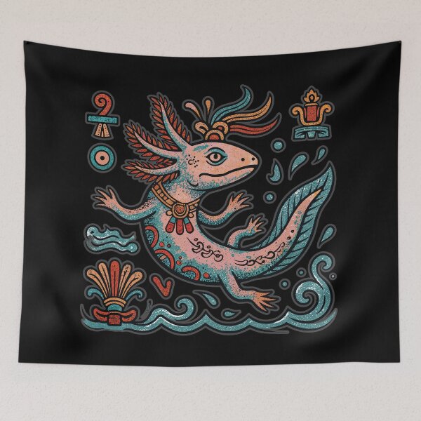Item preview, Aztec axolotl Xolotl god engraved tribal pattern pink and blue mexican salamander eroded vintage style, black - HD ONLINE STORE designed and sold by bard-art.