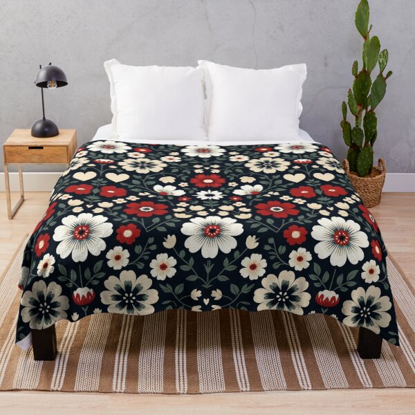 Item preview, Dark Green Floral Pattern with Red Blooms and White Heart Accents designed and sold by semenol.