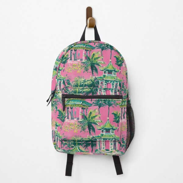 Item preview, Preppy pink and green Palm Beach pagoda toile designed and sold by SophieClimaArt.