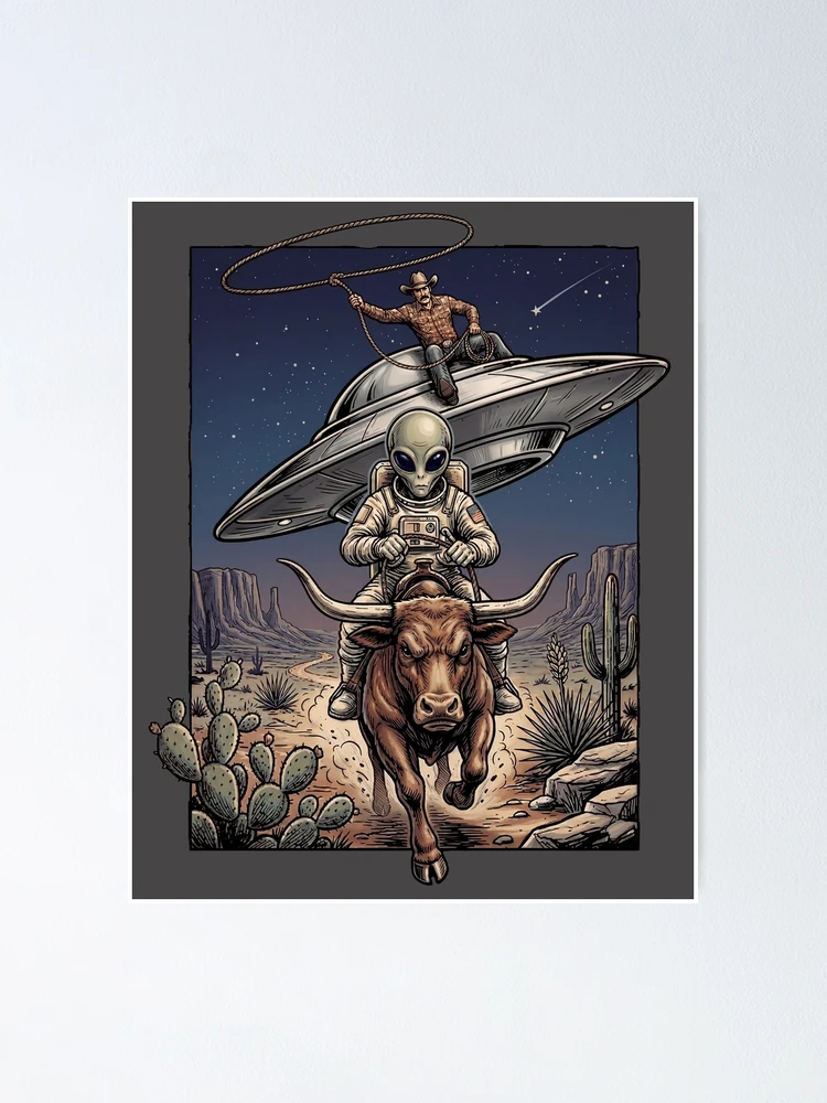 Thumbnail 1 von 3, Poster, Alien Bull Rider Space Cowboy Rodeo designt und verkauft von Crashed Outfitters.