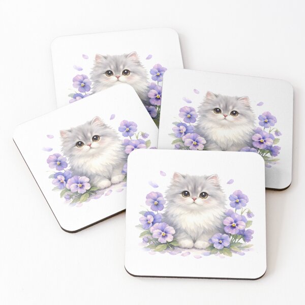 Item preview, Watercolor Fluffy Kitten with Purple Pansy Flowers  designed and sold by silviaol.