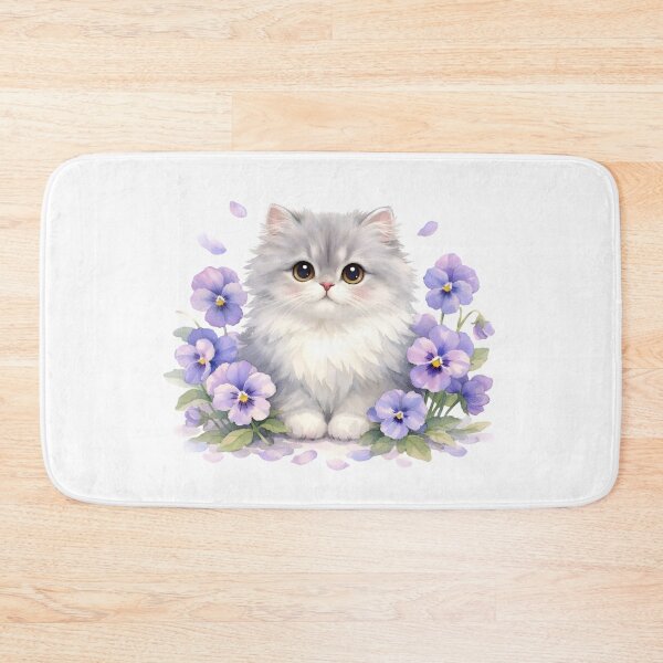 Item preview, Watercolor Fluffy Kitten with Purple Pansy Flowers  designed and sold by silviaol.