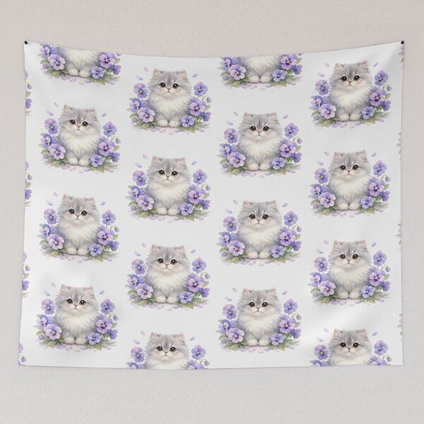 Item preview, Watercolor Fluffy Kitten with Purple Pansy Flowers  designed and sold by silviaol.