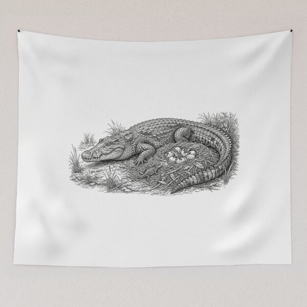 Item preview, Realistic high detail black and white crocodille with nest full of hatching eggs. designed and sold by Minimalisticaly.
