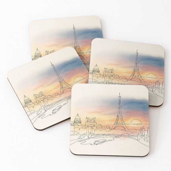 Item preview, Paris Skyline Line Art Sunset Watercolor designed and sold by PixorStudio.