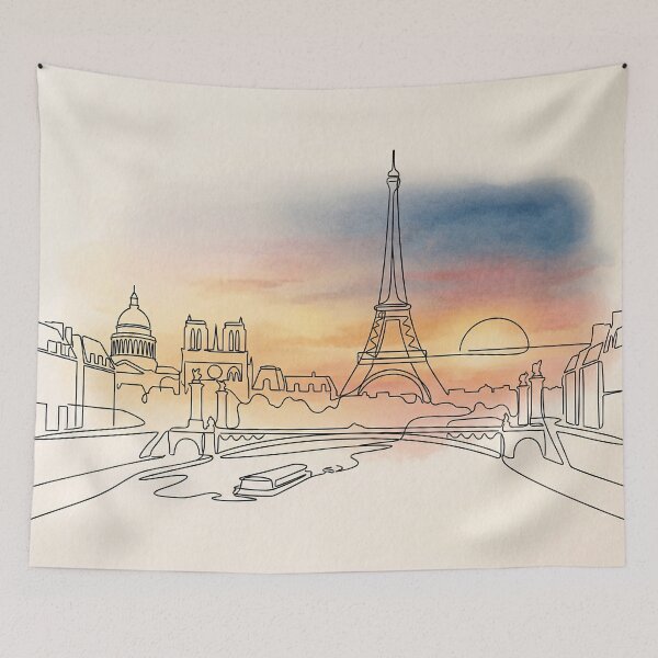 Item preview, Paris Skyline Line Art Sunset Watercolor designed and sold by PixorStudio.