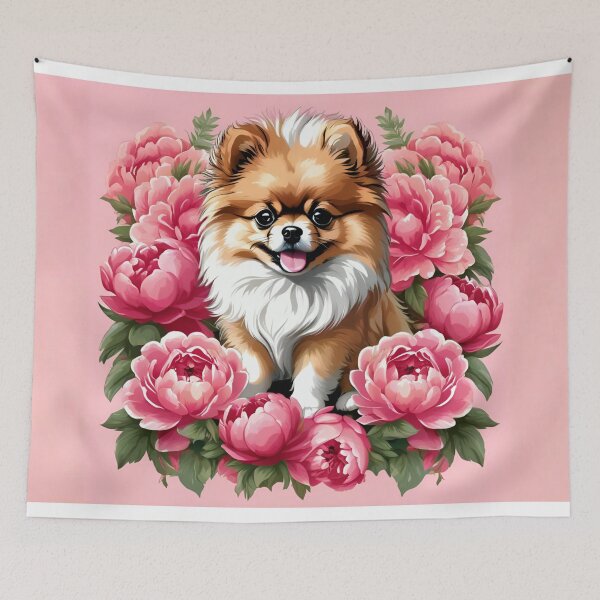 Item preview, Fluffy Pomeranian Sitting Among Vibrant Pink Peonies designed and sold by CASASIS_MERCH.