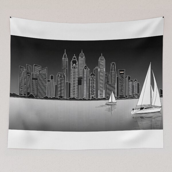 Item preview, Black White City Skyline Sailboat Reflection Art designed and sold by PixorStudio.