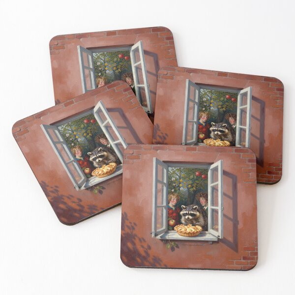 Item preview, Raccoon at the Window with Apple Pie – Cozy Cottagecore Illustration designed and sold by AnimalAirtistry.