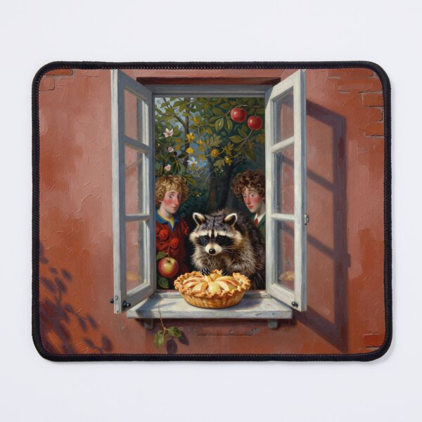 Item preview, Raccoon at the Window with Apple Pie – Cozy Cottagecore Illustration designed and sold by AnimalAirtistry.