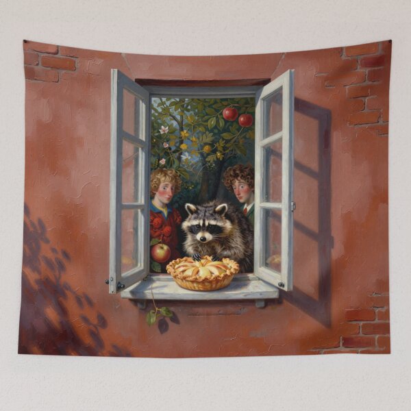 Item preview, Raccoon at the Window with Apple Pie – Cozy Cottagecore Illustration designed and sold by AnimalAirtistry.