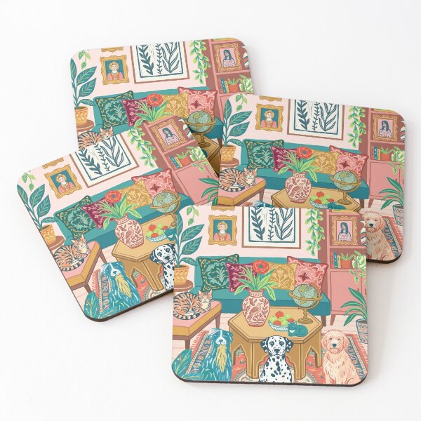 Item preview, Whimsical Cozy Living Room with Pets Poster designed and sold by STTrillionTEES.