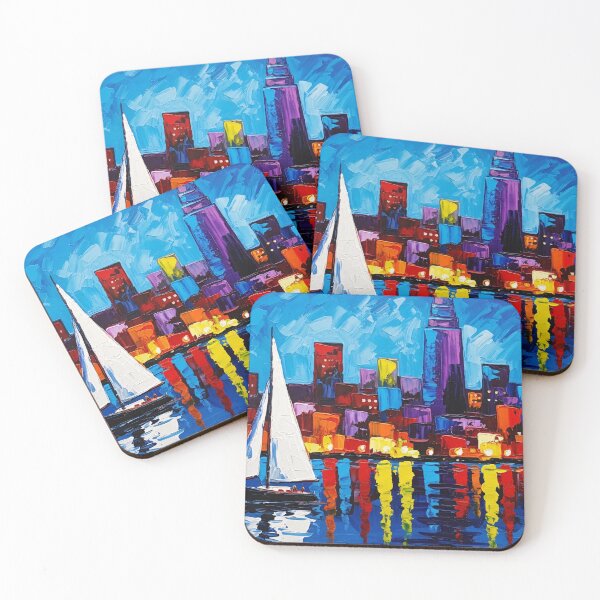 Item preview, Colorful Night Cityscape Sailboat Reflection Painting designed and sold by PixorStudio.