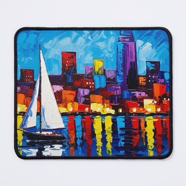 Item preview, Colorful Night Cityscape Sailboat Reflection Painting designed and sold by PixorStudio.