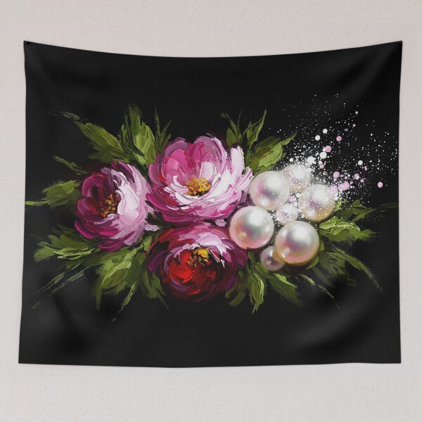 Item preview, Pink Floral Bouquet Pearls Black Background Painting designed and sold by PixorStudio.