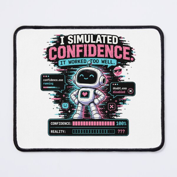 Item preview, Funny AI Confidence – I Simulated Confidence It Worked Too Well – Chatbot Humor – Glitch Robot Meme designed and sold by Rude Bot.