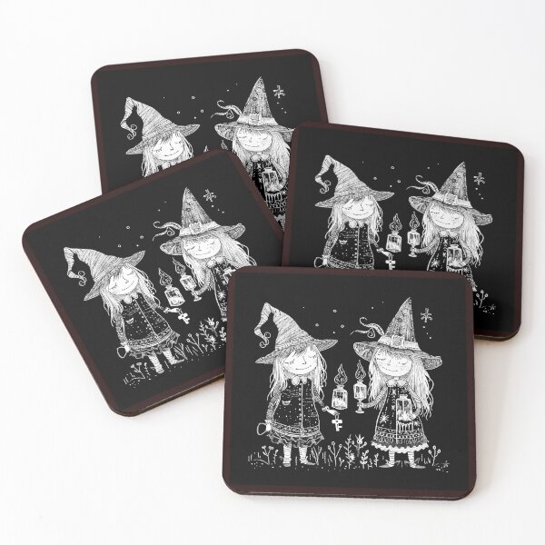 Item preview, Cute Witch Girls with Lanterns Black and White Illustration designed and sold by inkoutninja.