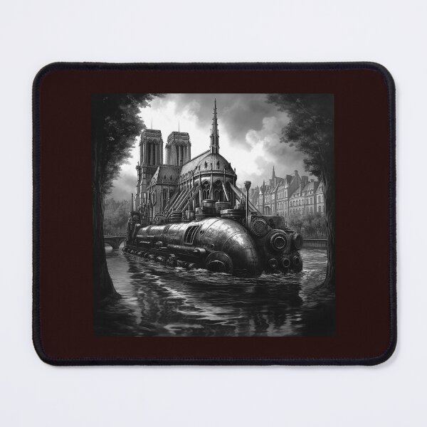 Item preview, Steampunk Submarine in Paris Black and White Illustration designed and sold by inkoutninja.