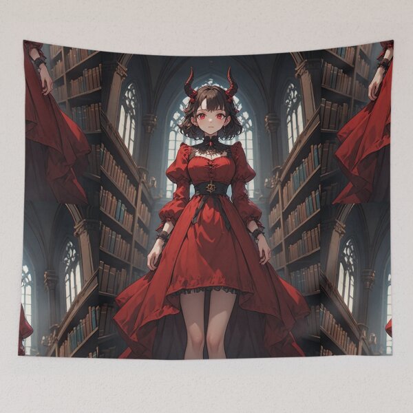 Item preview, Elegant red demon in a library designed and sold by ArtsJulian.