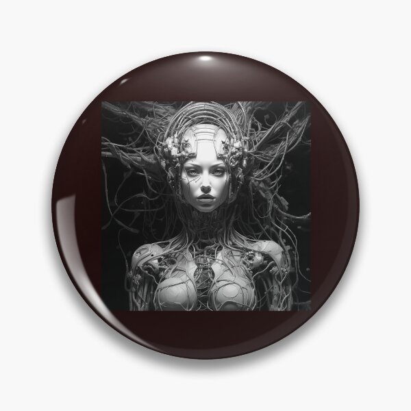 Artikelvorschau, Cyberpunk-Androidin, Schwarz-Weiß-Illustration im Science-Fiction-Stil entworfen und verkauft von inkoutninja.