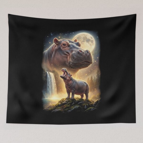 Item preview, Hippo Howling Moon Art Animal Lover designed and sold by DoodleTortle.